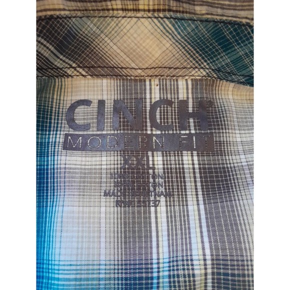 Cinch Mens XXL Modern Fit Western Shirt Teal Gray Plaid Saw Tooth Pockets -Snaps - Picture 9 of 12